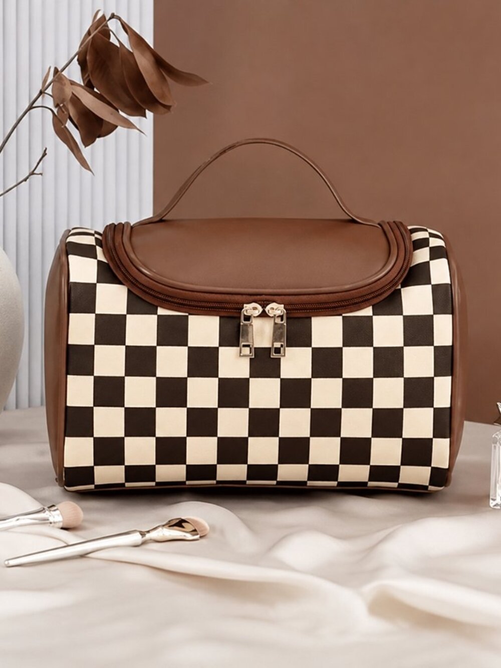 Brown Checker Faux Leather Cosmetic Makeup Bag Boxy Travel Case NWT